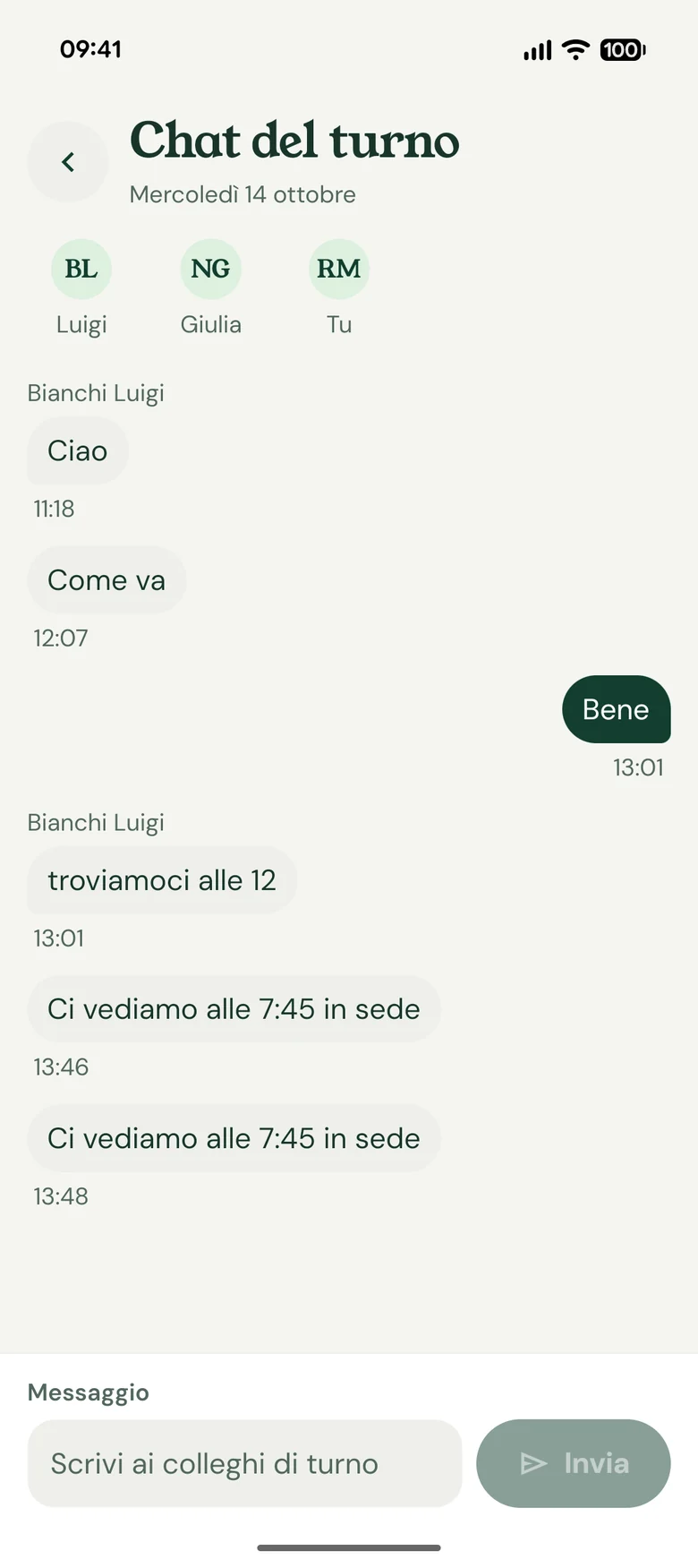 La chat di un turno tra i tre componenti dell'equipaggio