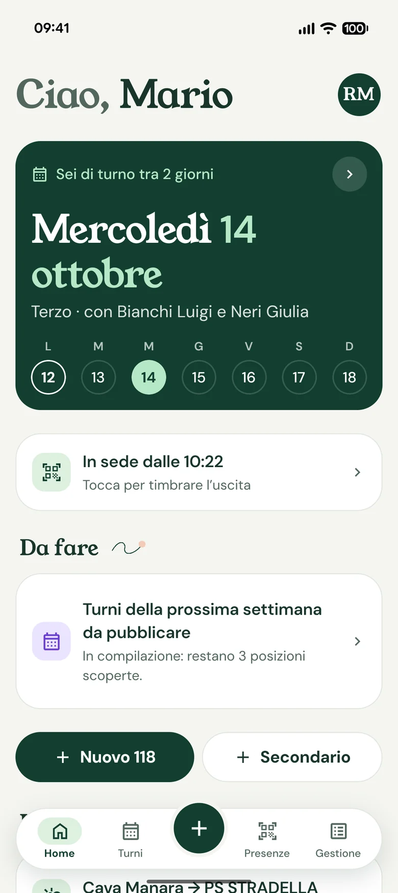 La schermata iniziale di VERA con il prossimo turno del volontario