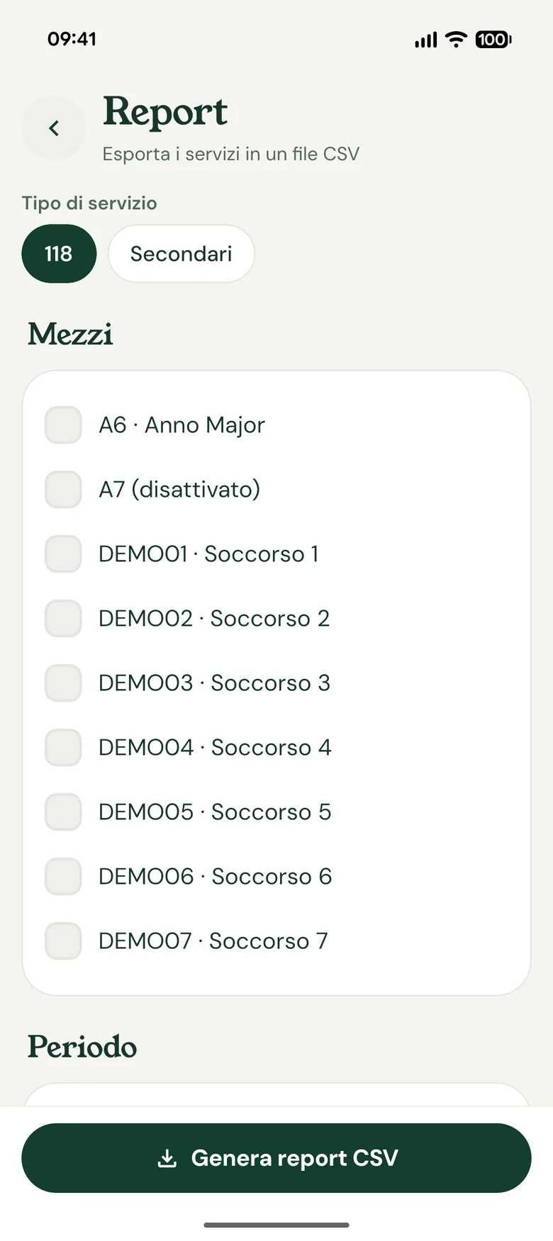 La schermata per esportare i servizi in un file CSV