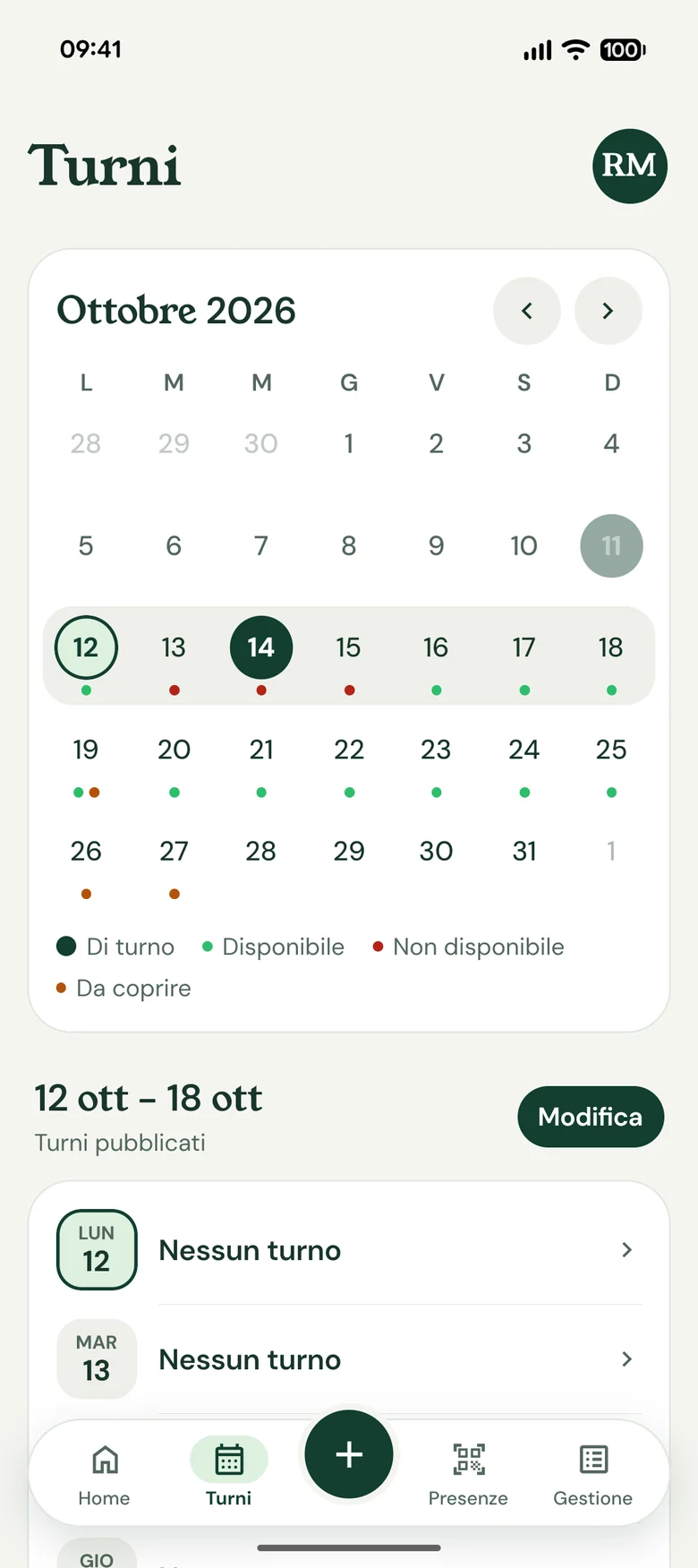 Il calendario dei turni con le disponibilità del mese